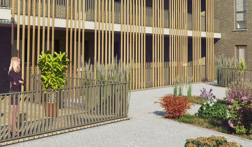 Pierre & Nature - Vue façade latérale projet immobilier Die Hertogenwaldgärten - rez commerciaux et appartements à vendre